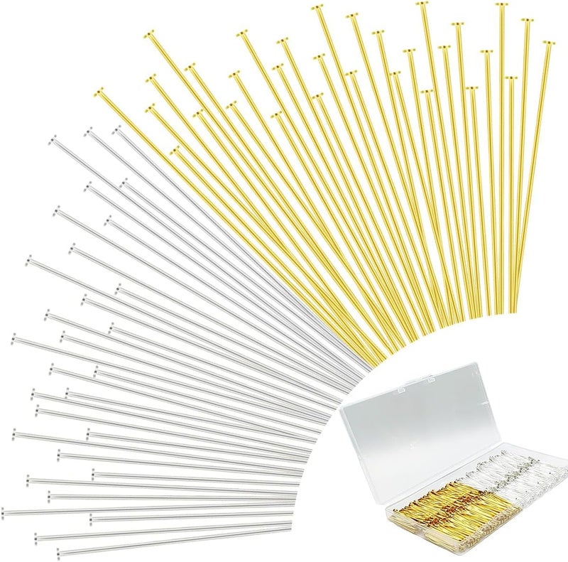 Bulrash 800 Pieces 30mm Flat Head Pins for DIY Jewelry Craft Making 1.18 Inch Metal End Straight Pins for Bracelet Necklace Earring Pendant Supplies(Flat Head Pins-Gold and Silver) - Image 1